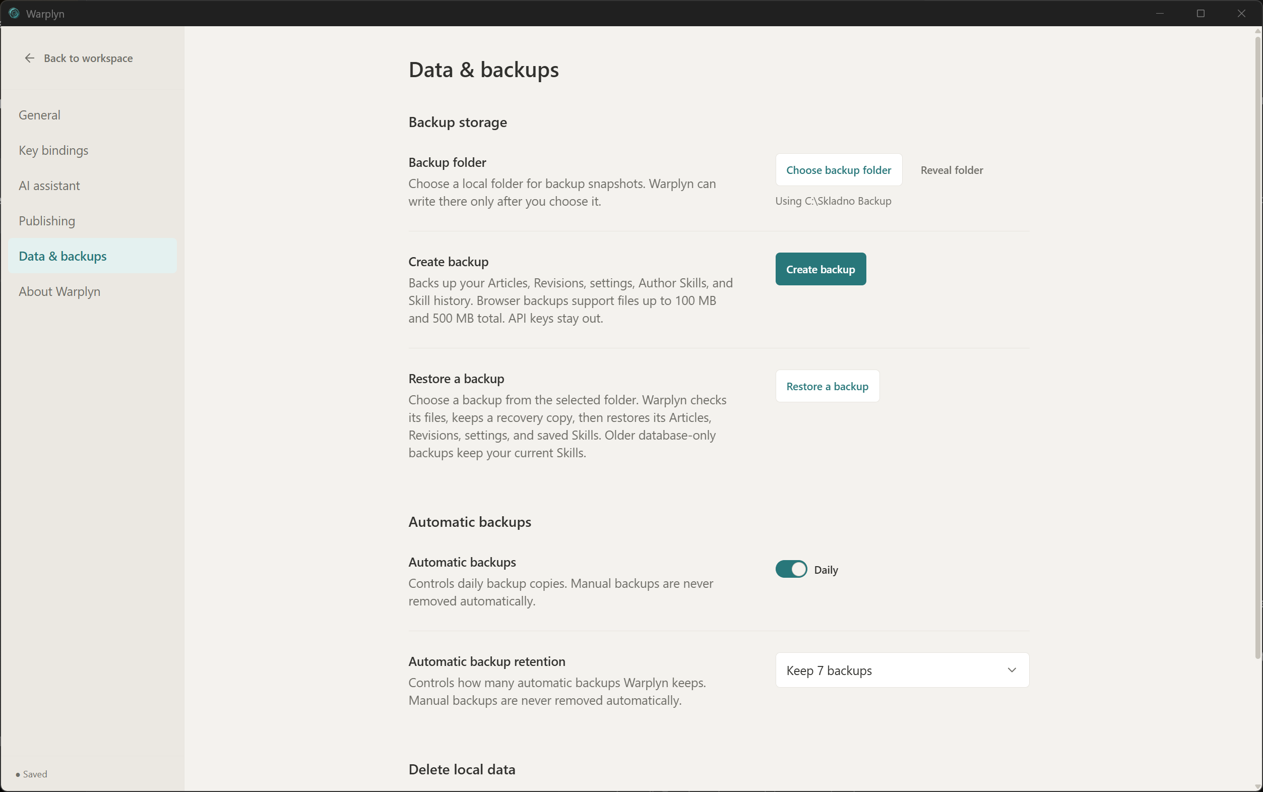 Data and backups settings showing the backup folder, Create backup and Restore a backup controls, and automatic backup options.