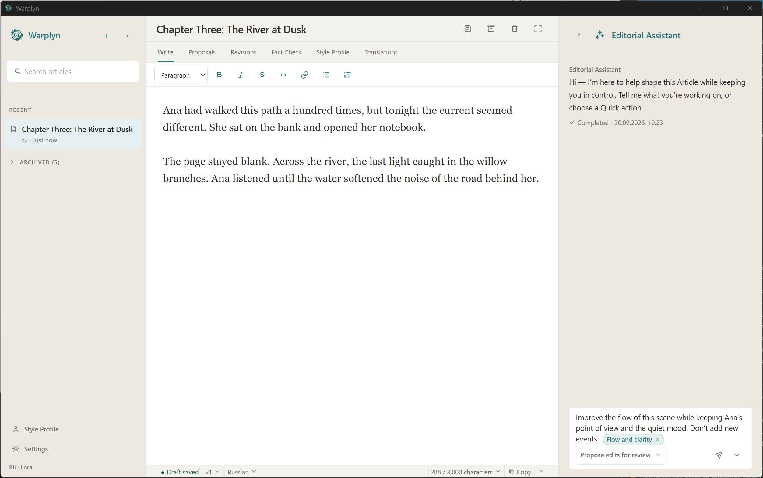 Warplyn’s Editorial Assistant with a fiction revision request and a Skill selected.