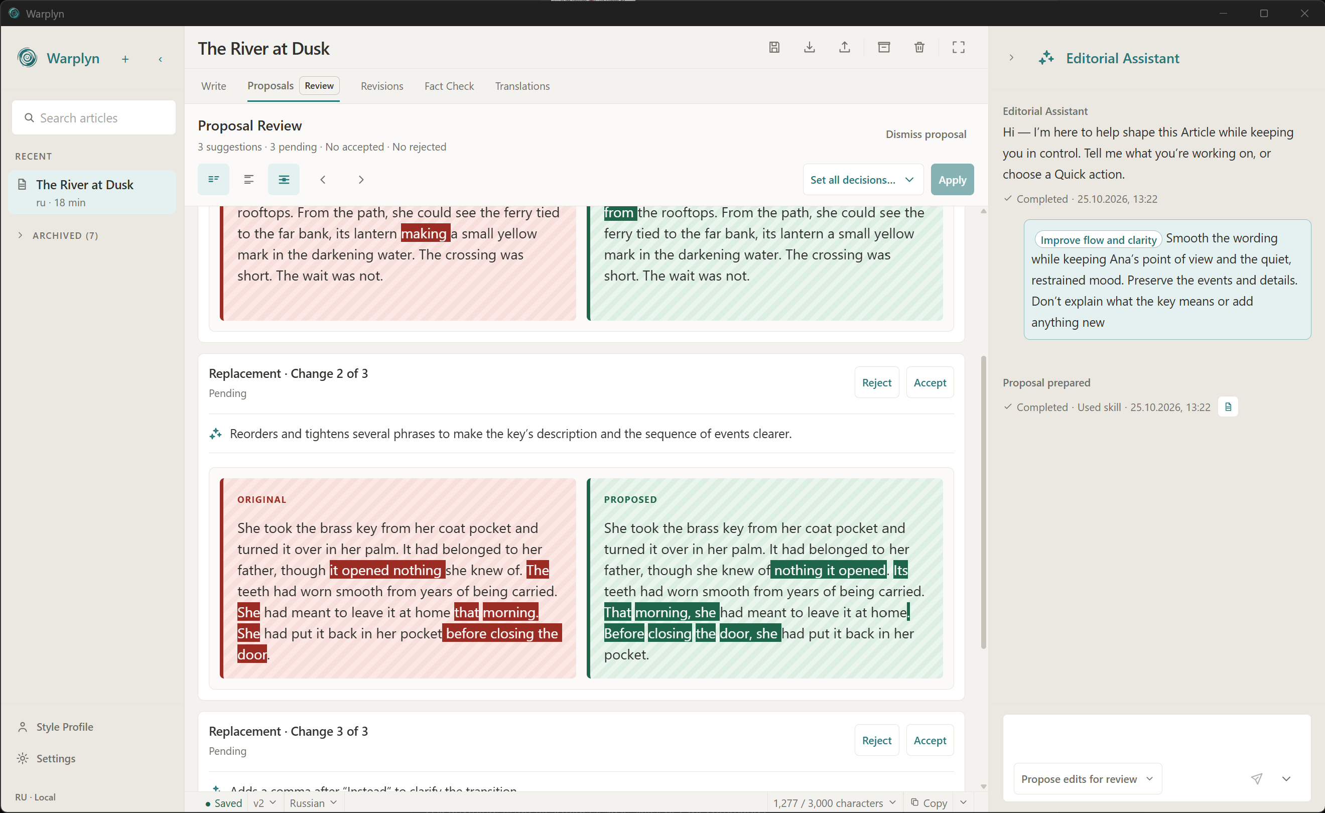 Proposal Review showing three pending changes with Original and Proposed text, individual decisions, and the Apply control.