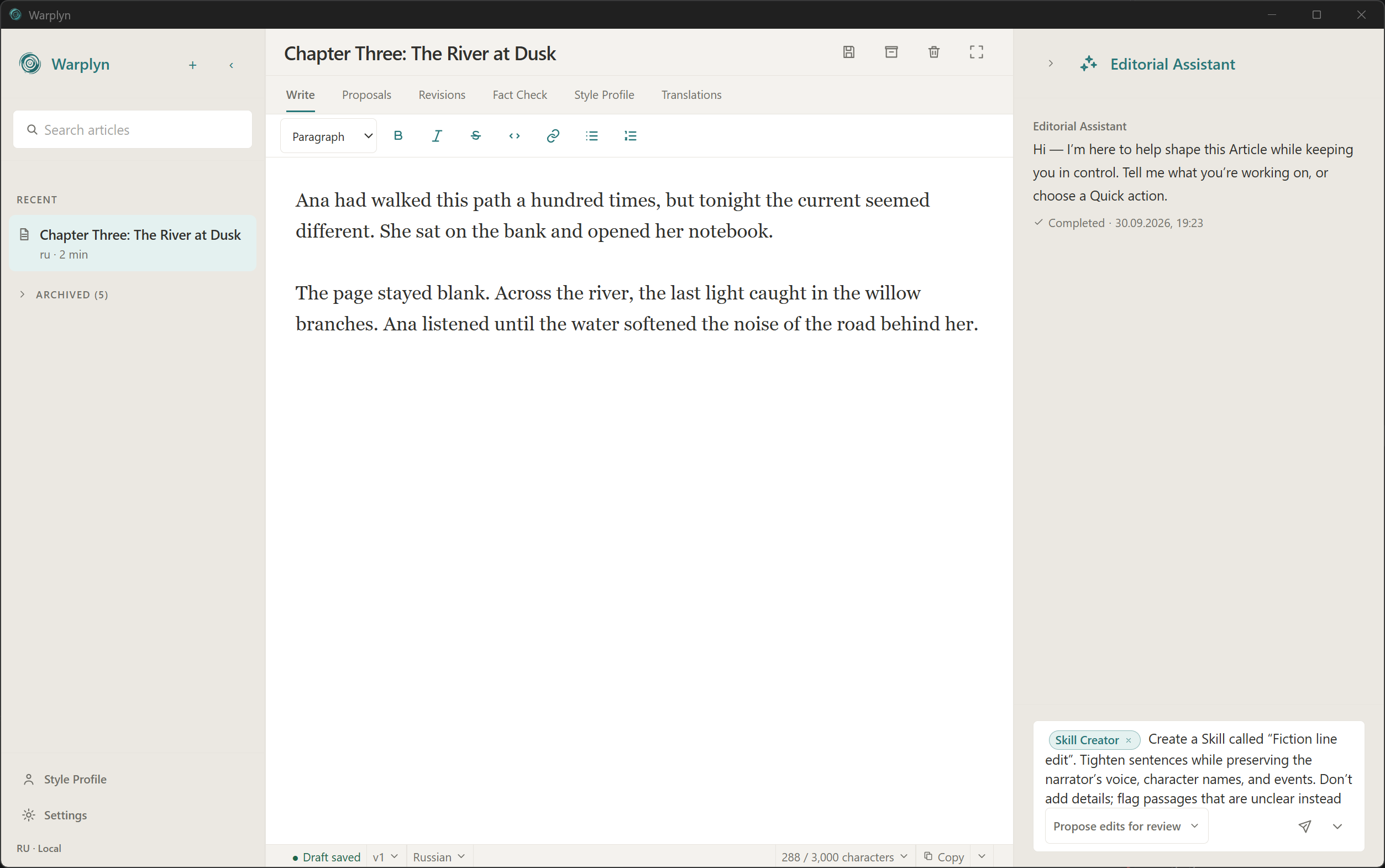 Warplyn’s Editorial Assistant with a fiction line-edit Skill creation request and Skill Creator selected.
