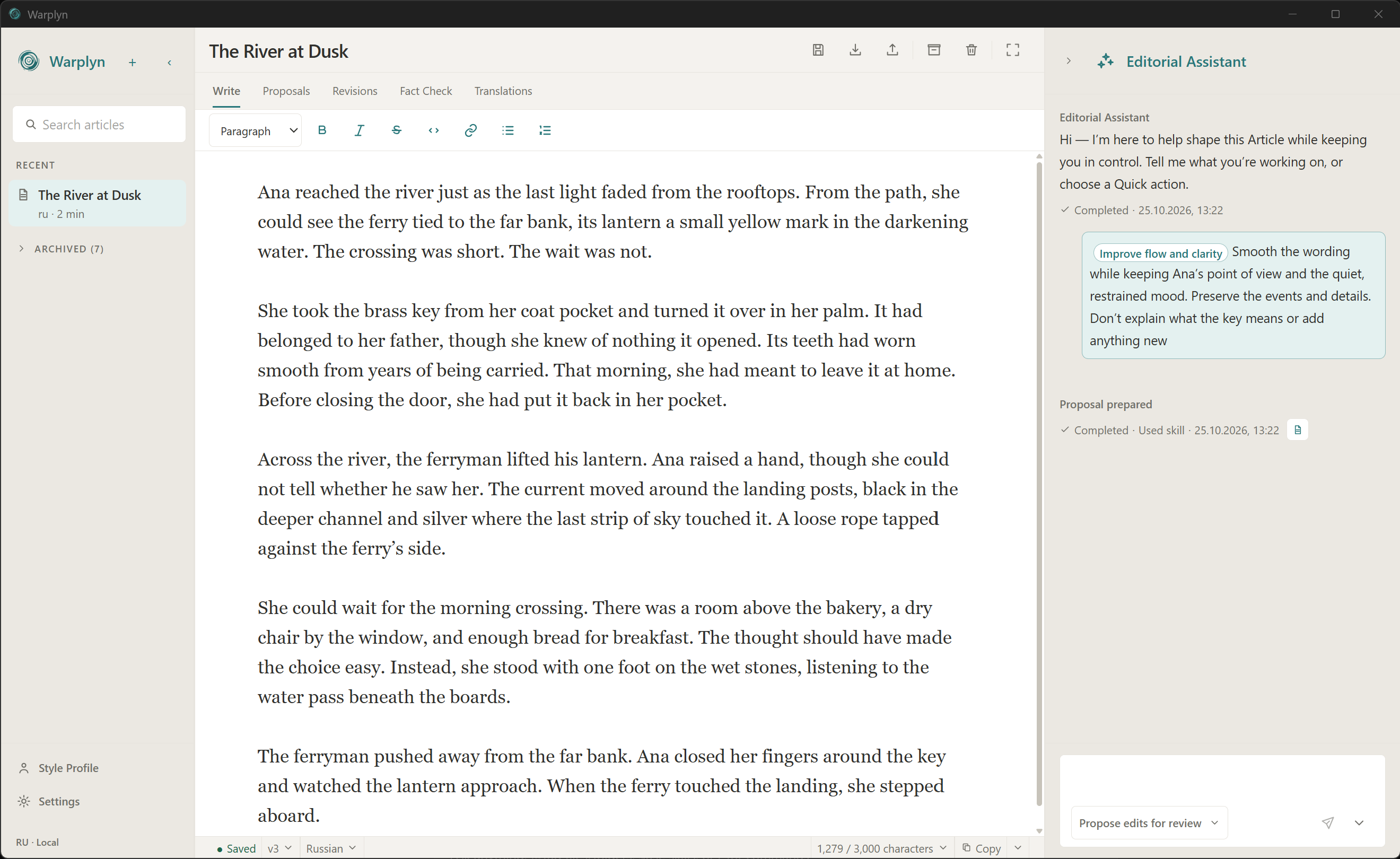 Writing workspace showing The River at Dusk in the editor, formatting toolbar, Library, and Saved Draft indicator.